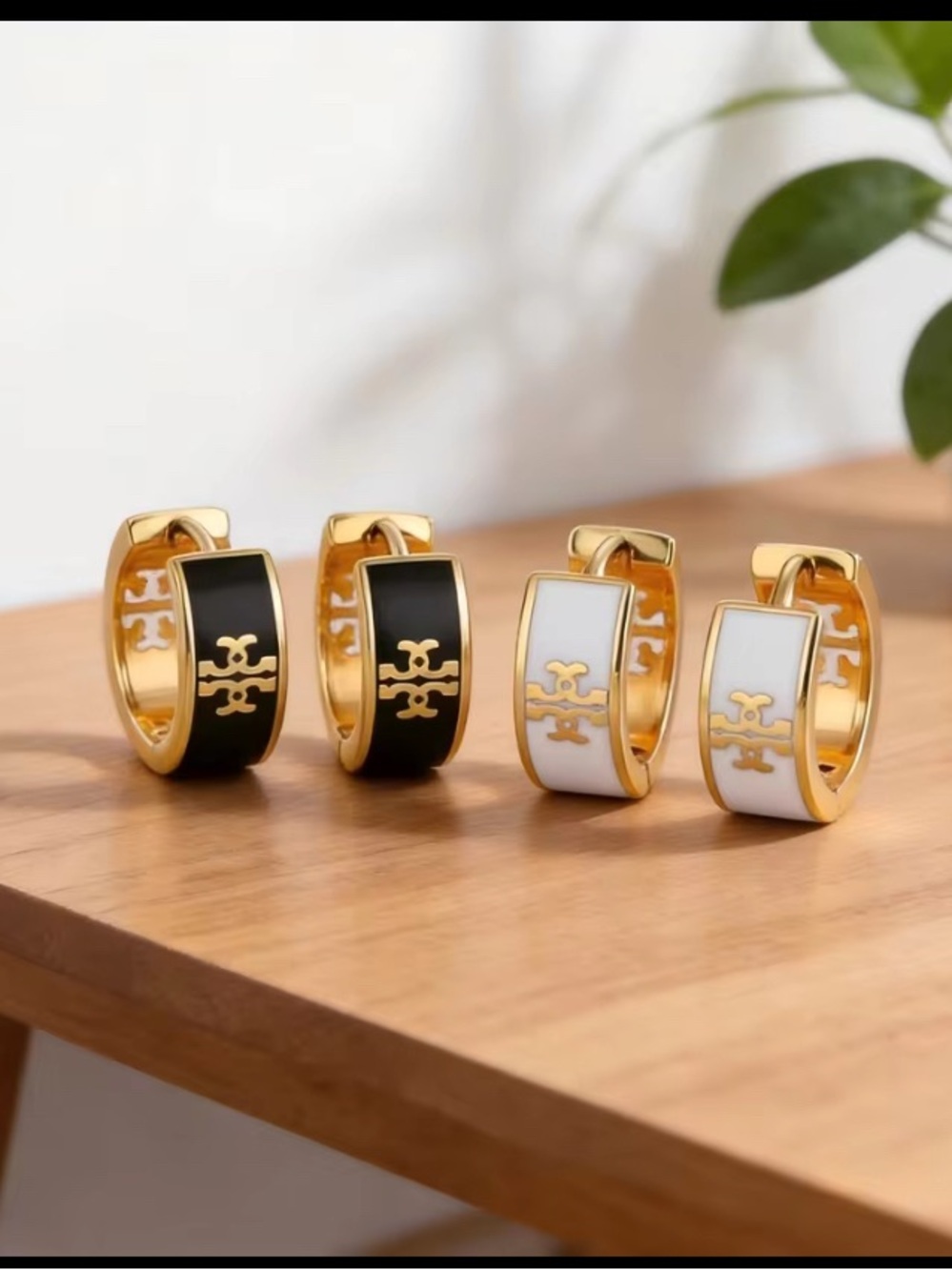 Gold-Tone Enamel Hoop Earrings with Logo Accent — Black & White sets